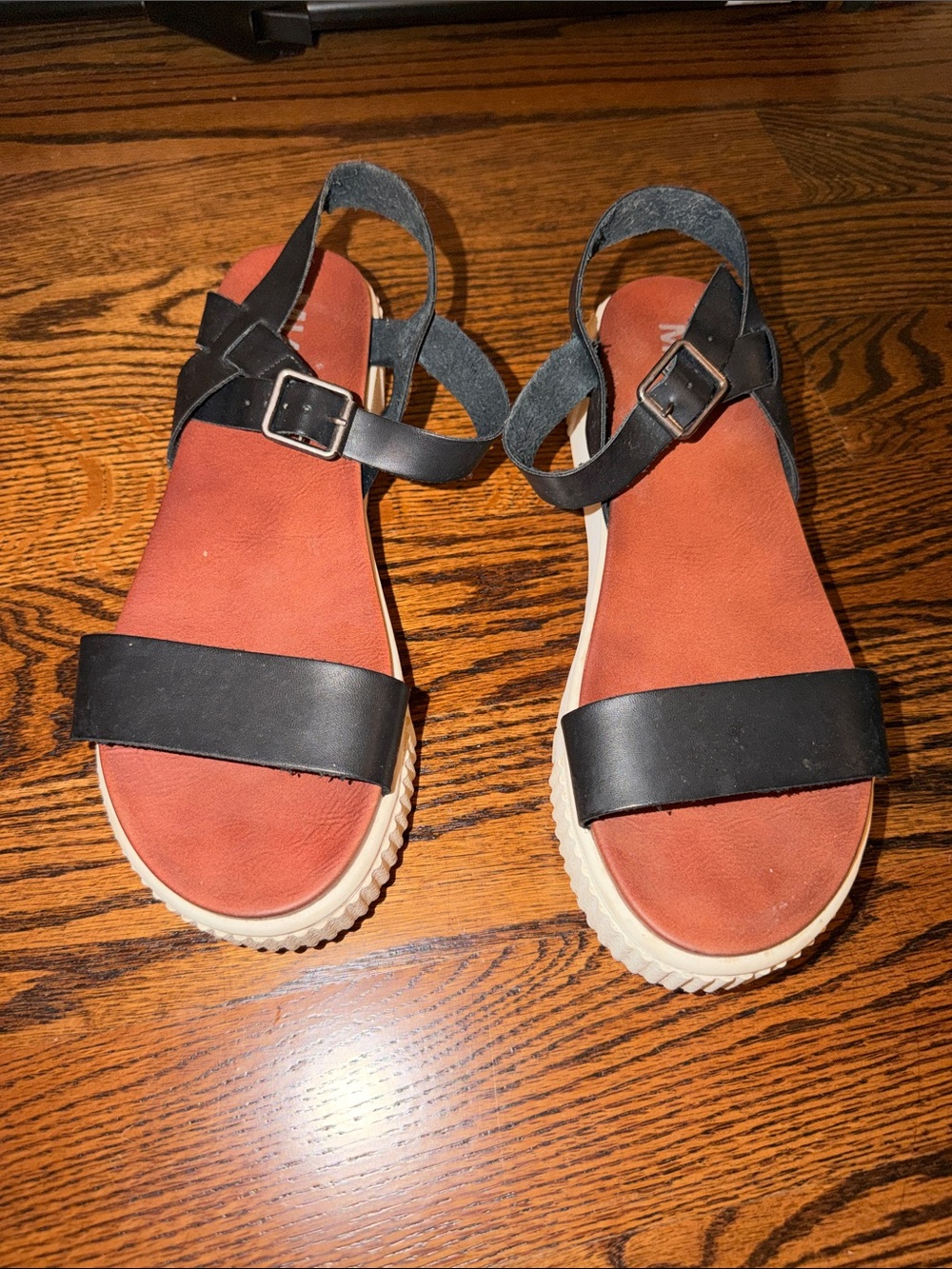 MIA Black Strappy Sandals with Rust Footbed